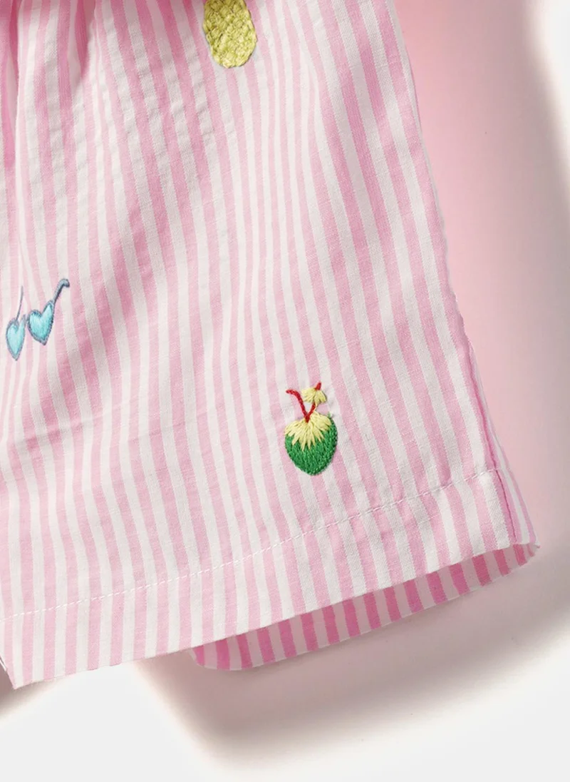 Nautinati  Girls' 100% Cotton Summer-theme Sunglass, Watermelon, Pineapple & Coconut Embroidered Striped, Layered Jumpsuit with Waist Tie-up for Women | Best Price UAE